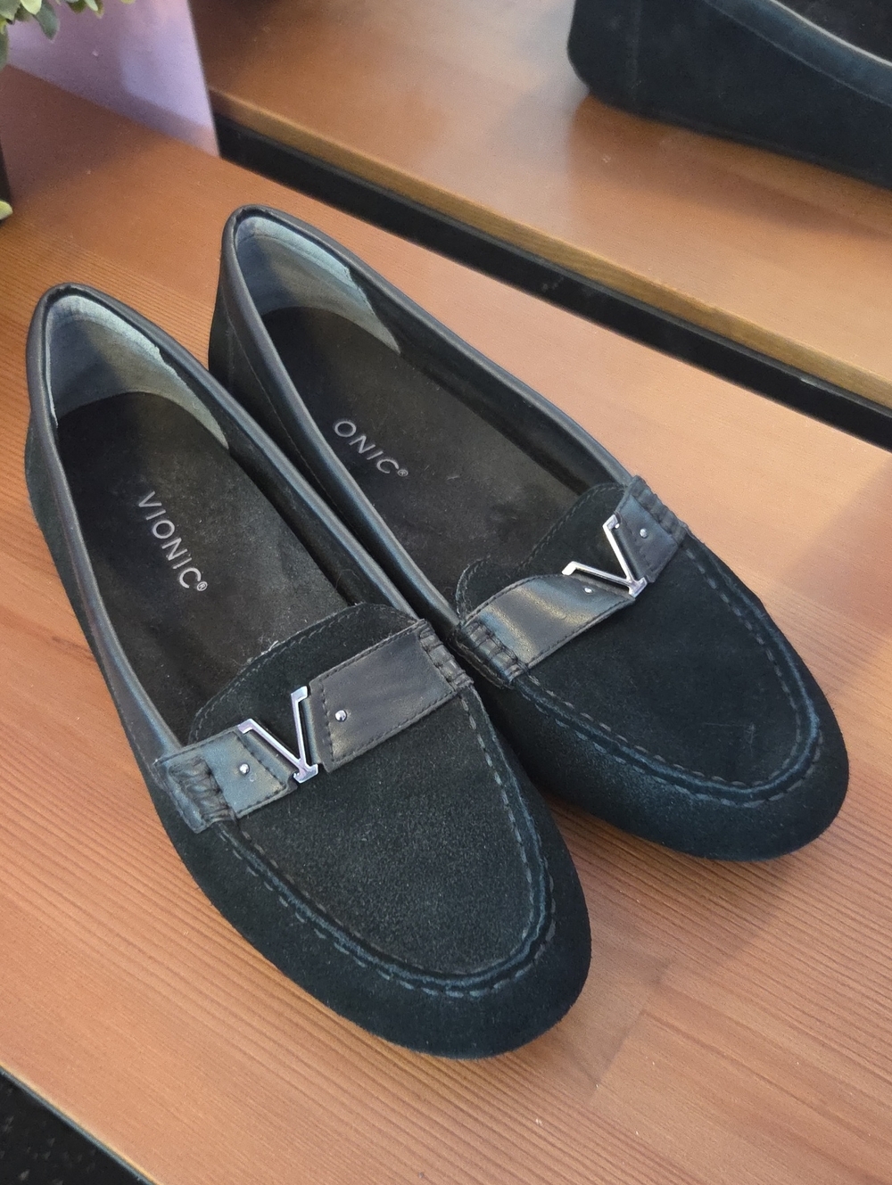 Vionic Black Suede Loafers with Silver Accent